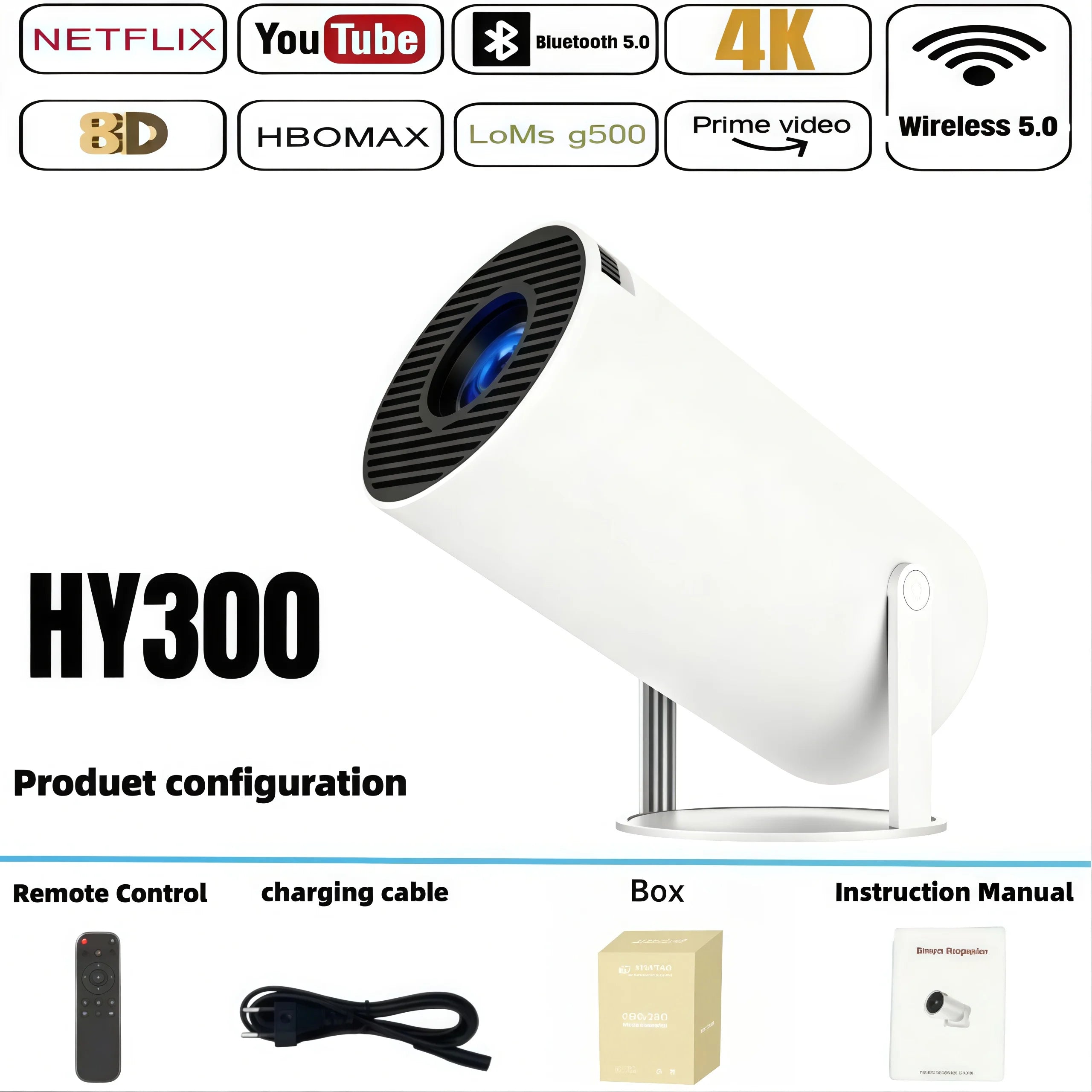 HY300 HiFi Projector 4K Android 11 Dual Wifi6.0 BT5.0 H713 280ANSI 720P Built-in Cinema Sound Speaker Protable Mini Projetor