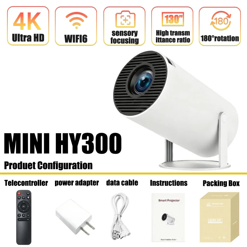 HY300 HiFi Projector 4K Android 11 Dual Wifi6.0 BT5.0 H713 280ANSI 720P Built-in Cinema Sound Speaker Protable Mini Projetor