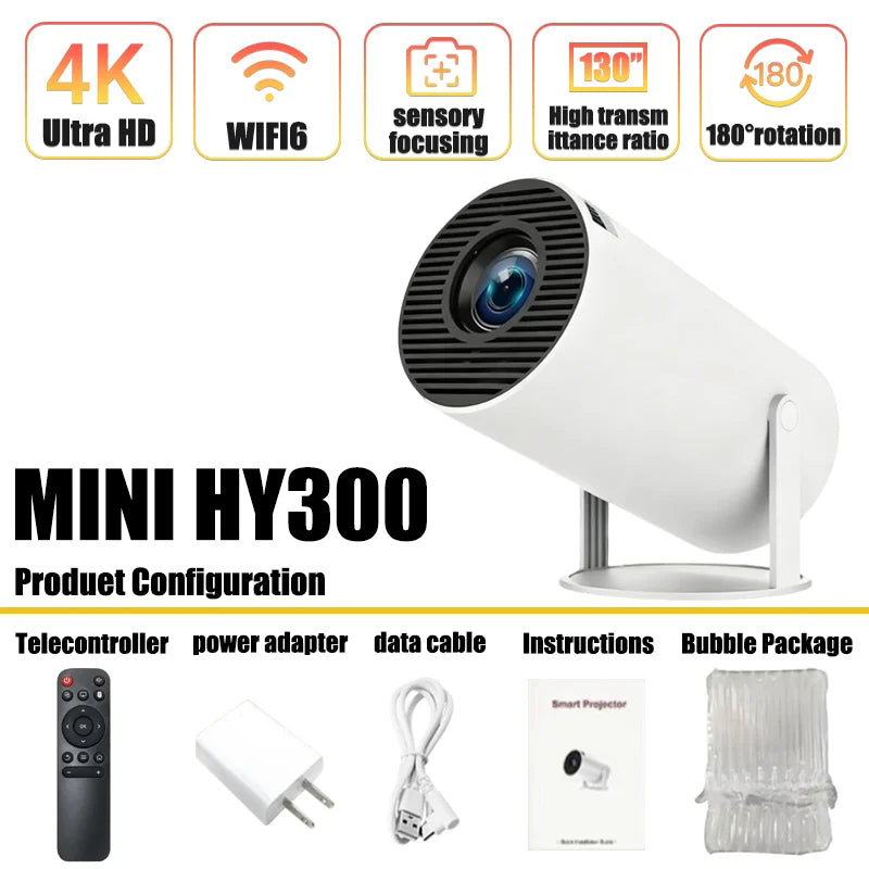 HY300 HiFi Projector 4K Android 11 Dual Wifi6.0 BT5.0 H713 280ANSI 720P Built-in Cinema Sound Speaker Protable Mini Projetor