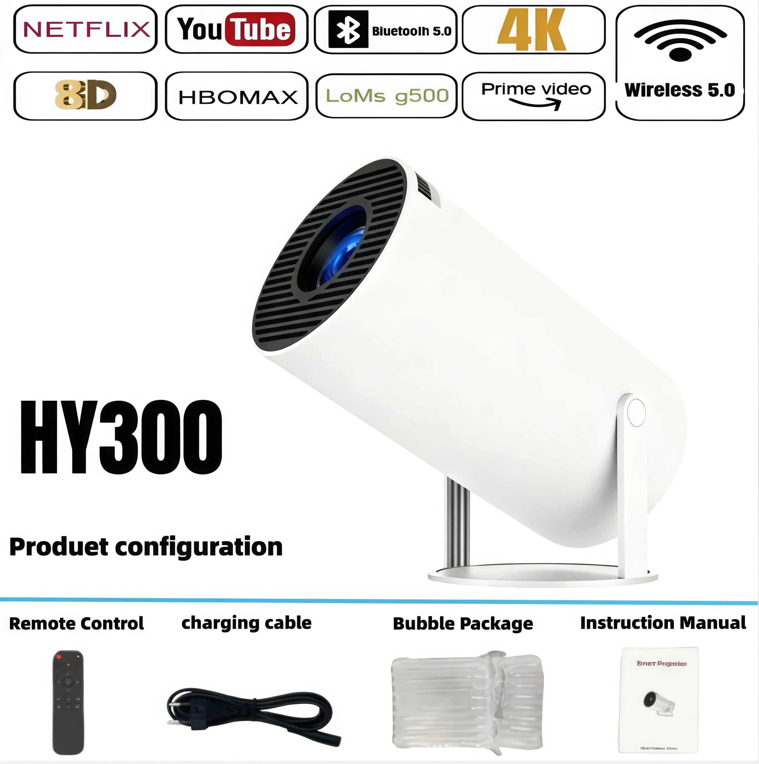 HY300 HiFi Projector 4K Android 11 Dual Wifi6.0 BT5.0 H713 280ANSI 720P Built-in Cinema Sound Speaker Protable Mini Projetor